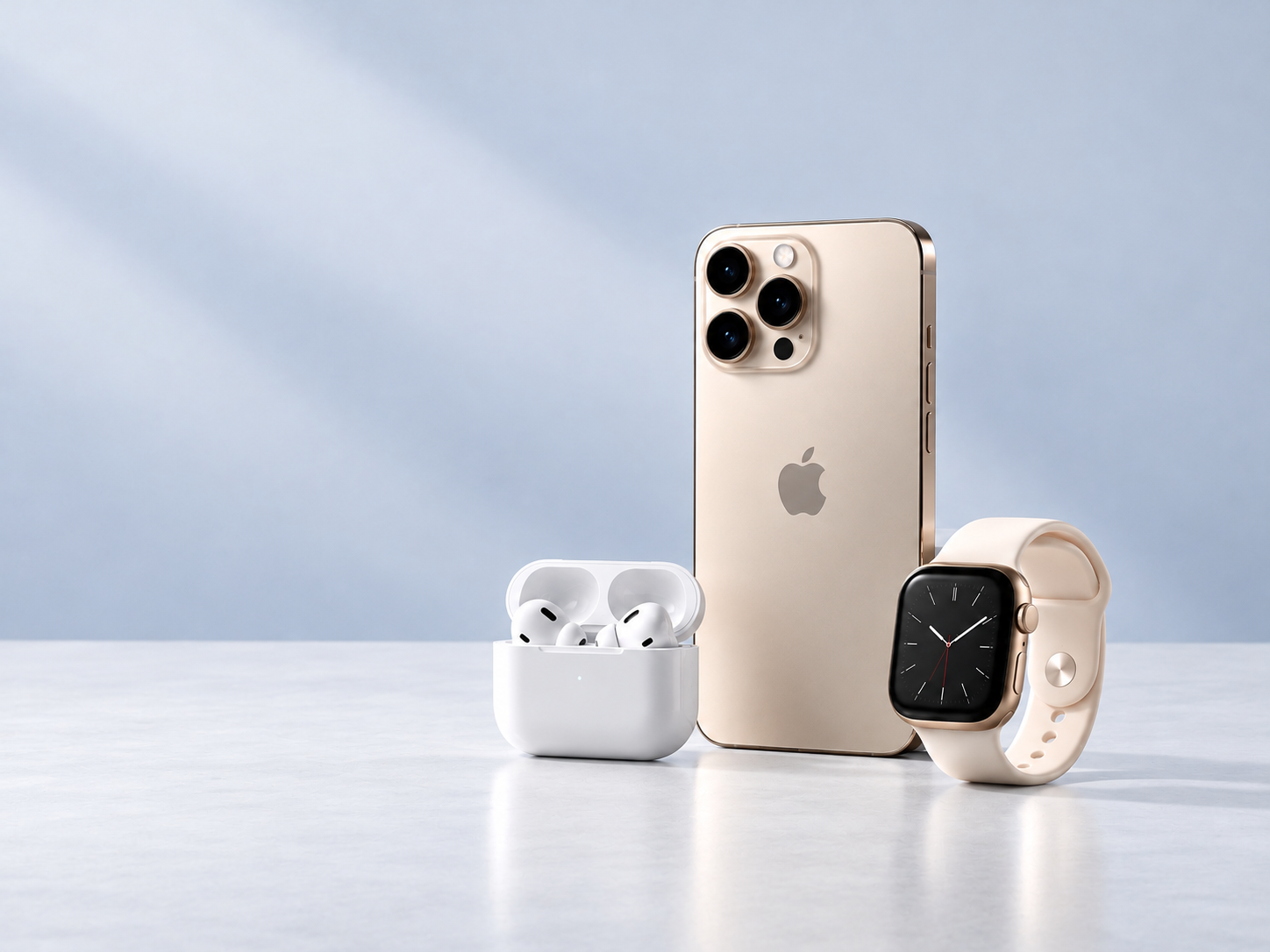iPhone, AirPods Pro and Apple Watch on a white surface