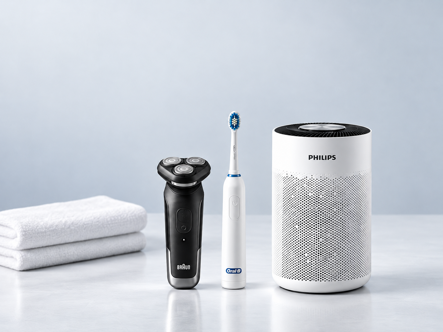 Braun shaver, Oral-B toothbrush and Philips air purifier beside folded towels