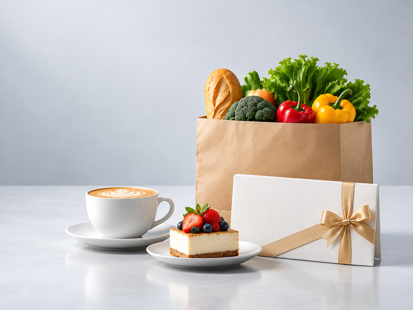 Grocery bag, coffee, cake and a gift voucher on a white counter